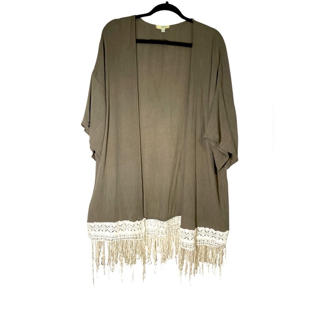 KORI AMERICA/ WOMEN'S BOHEMIAN CROCHET & FRINGE KIMONO JACKET, OLIVE SIZE S/M